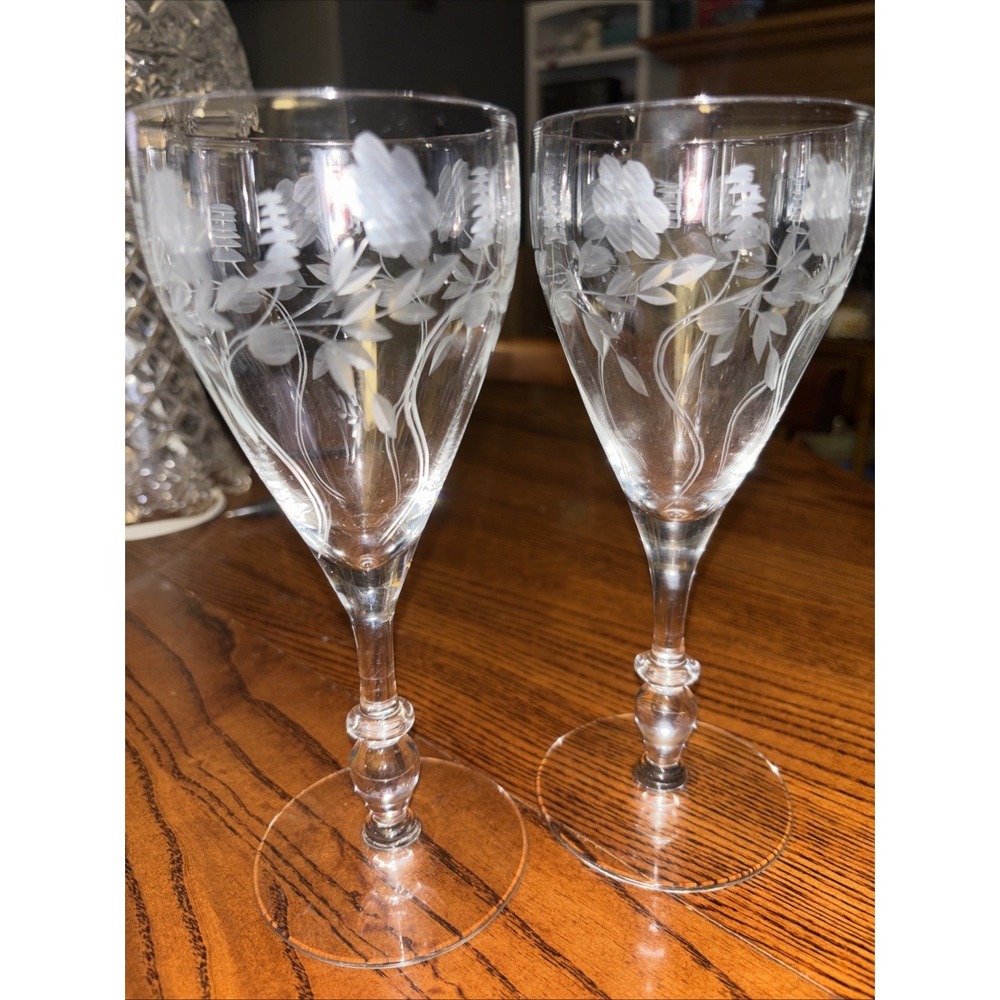 Vintage Etched Crystal Wine Goblets with Floral and Fern Motif